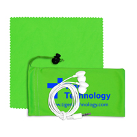 Mobile Tech Earbud Kit with Microfiber Cloth in Microfiber Cinch Pouch Components inserted into Microfiber Pouch